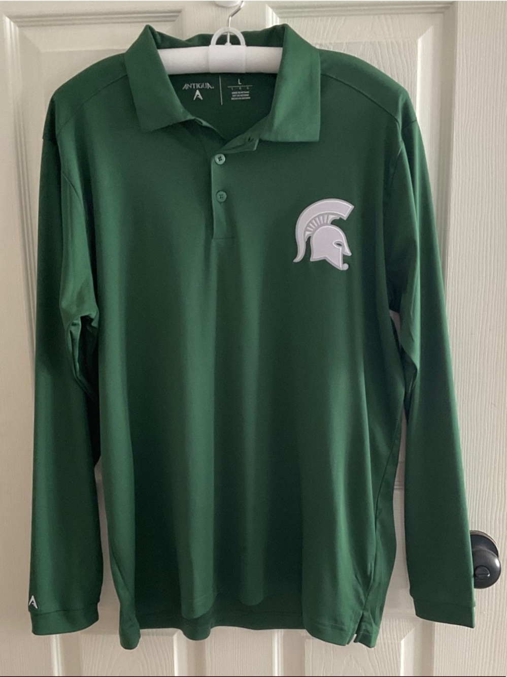Antigua Dark Green Long Sleeve Polo with White Spartan Logo